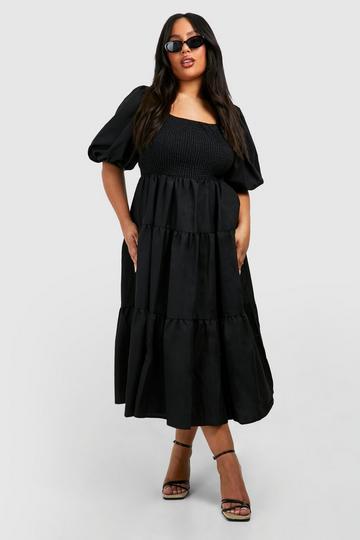 Plus Tiered Shirred Midaxi Smock Dress black