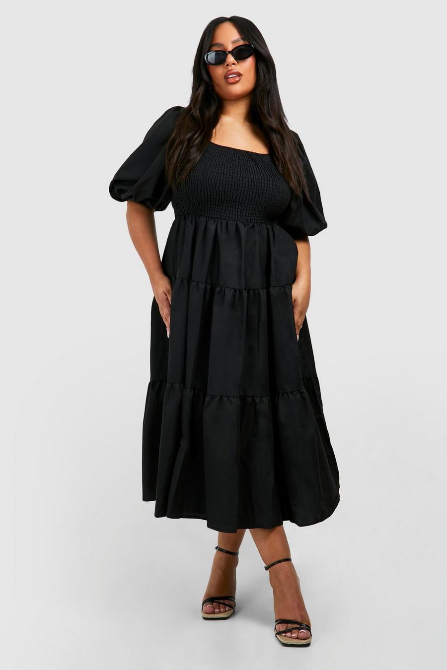 Black Plus Tiered Shirred Midaxi Smock Dress image number 1