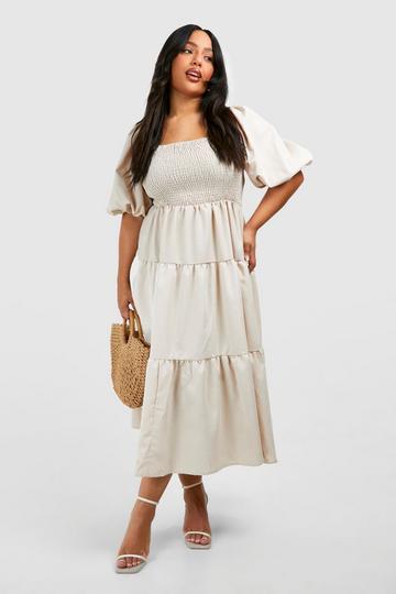 Plus Tiered Shirred Midi Smock Dress stone