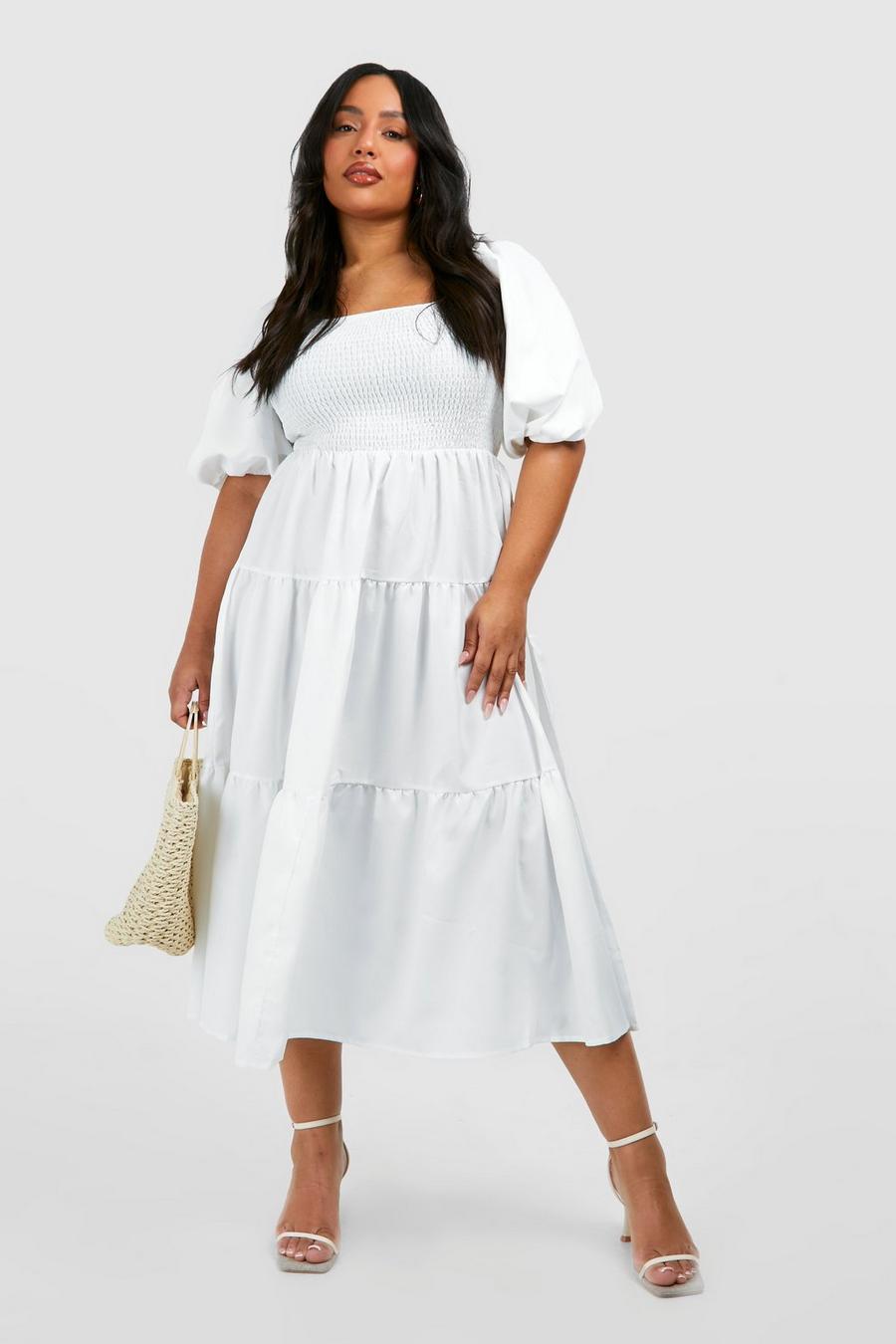 White Plus Tiered Shirred Midaxi Smock Dress