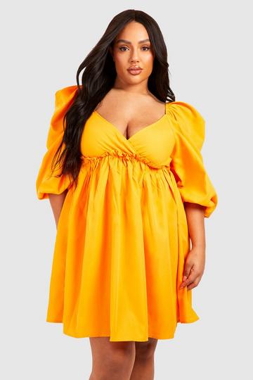 Plus Puff Sleeve Plunge Smock Dress orange