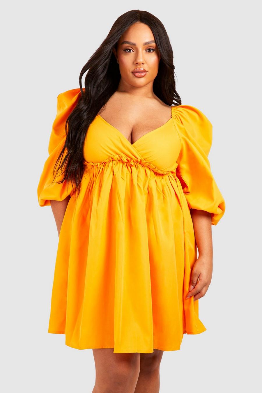 Plus Smok-Kleid mit Puffärmeln und tiefem Ausschnitt, Orange image number 1