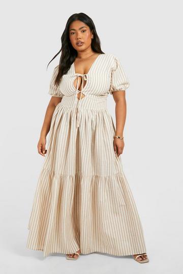 Stone Beige Plus Stripe Tiered Maxi Dress