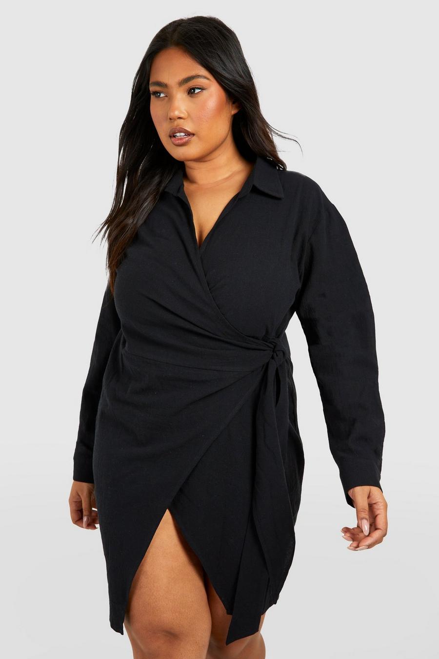 Black Plus Linen Wrap Mini Shirt Dress image number 1