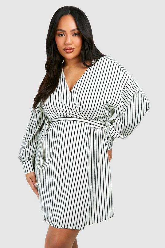 boohoo Plus Stripe Wrap Belted Shirt Dress Sale