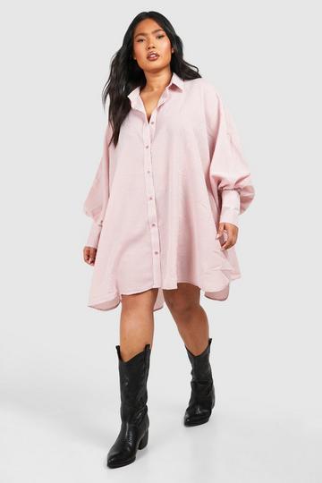 Plus Textured Stripe Volume Sleeve Shirt Dress rust