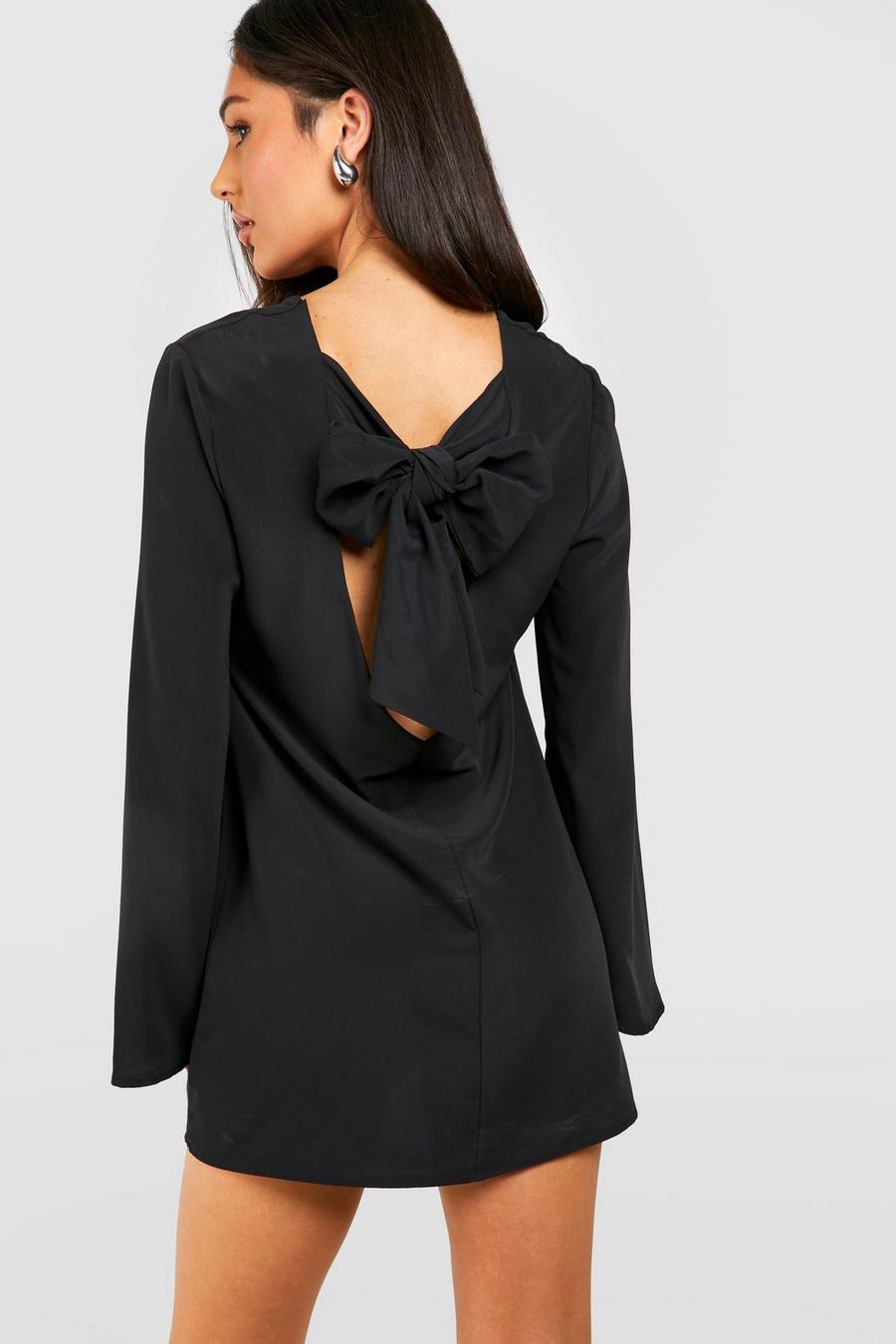 Black Petite Bow Detail Open Back Mini black Dress 