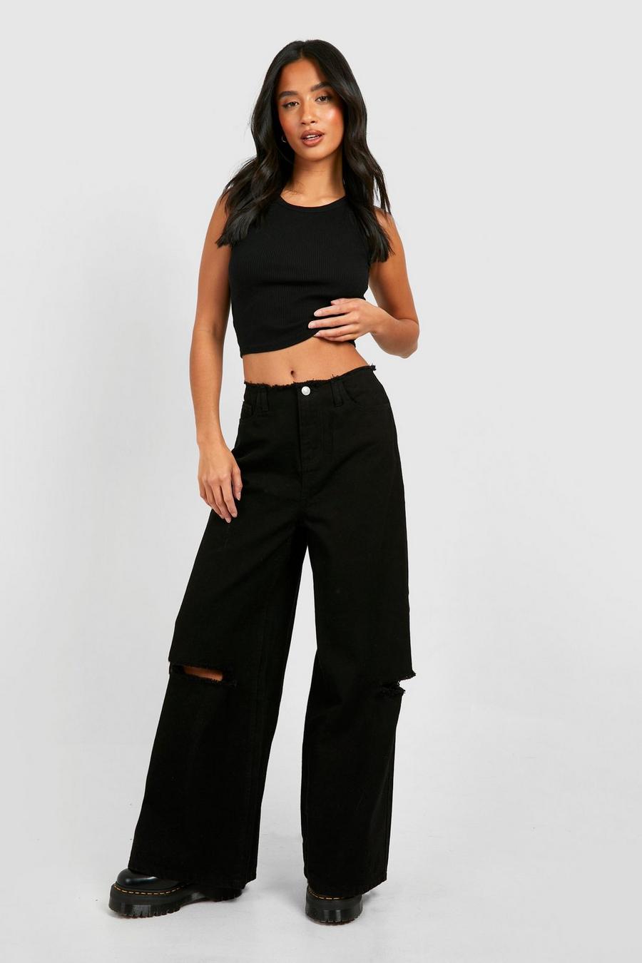 Washed black Petite Low Rise Fray Wide Leg Jean