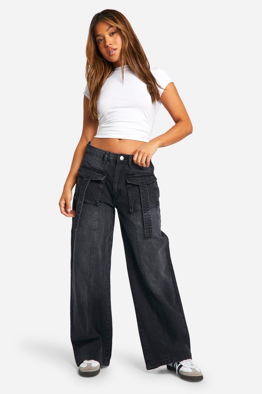 Black Petite Cargo Pocket Straight Leg Jeans image number 1