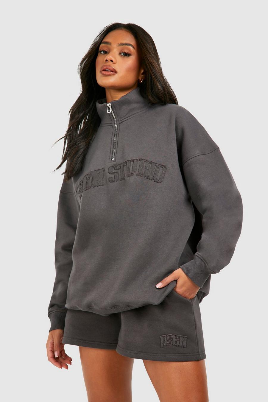 Charcoal Dsgn Studio Self Fabric Applique Half Zip Sweatshirt image number 1