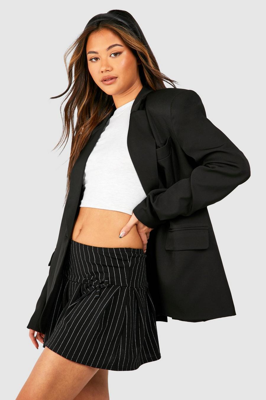 Black Pinstripe Crepe Bow Detail Mini Skirt 