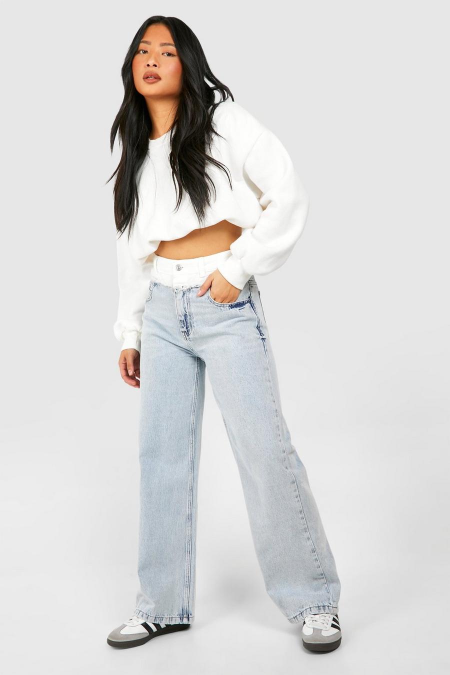Light wash Petite Contrast Waistband Straight Leg Jeans image number 1