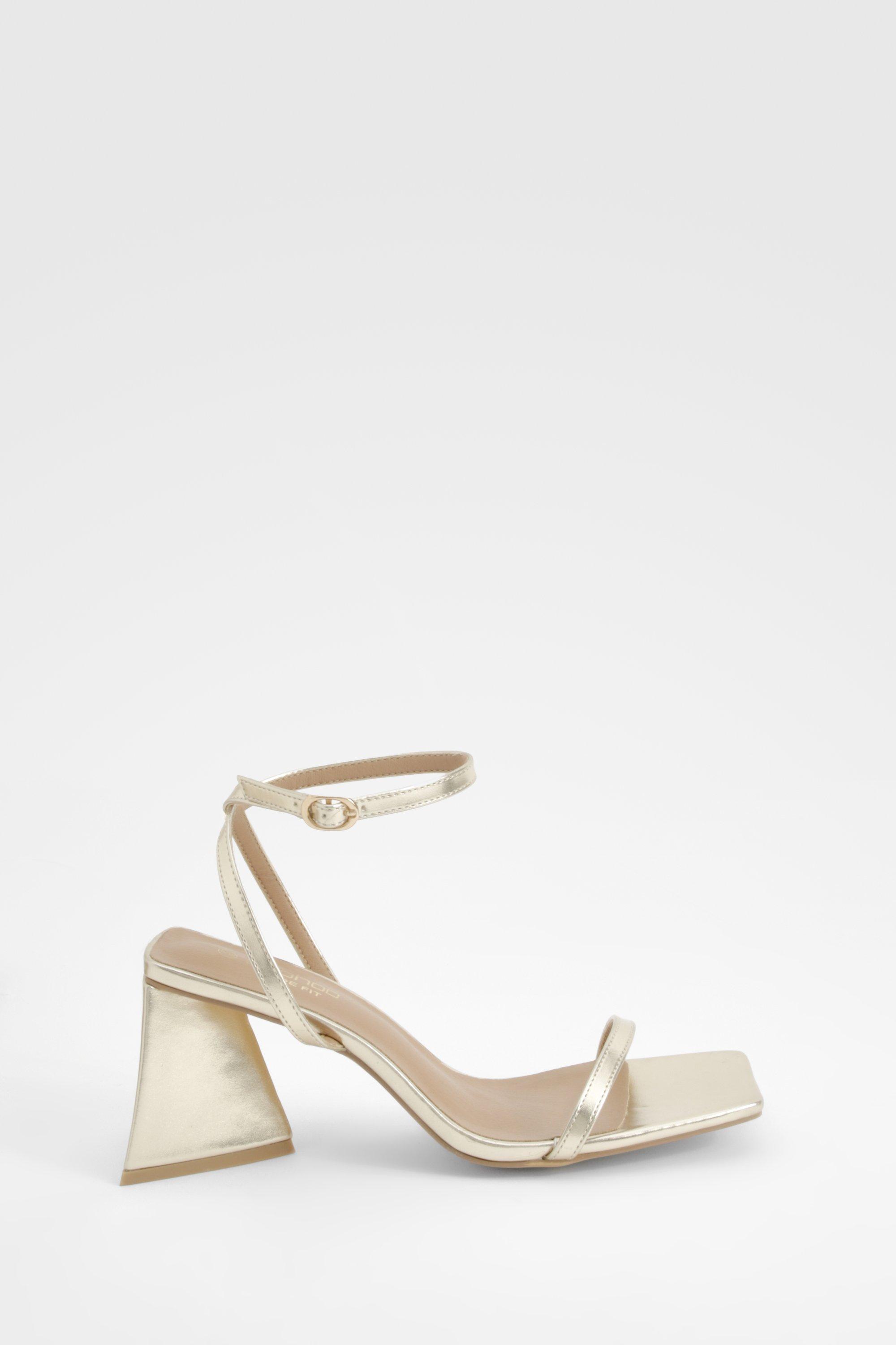 Boohoo Women s Wide Fit Metallic Flared Heel Barely There Sandals Gold