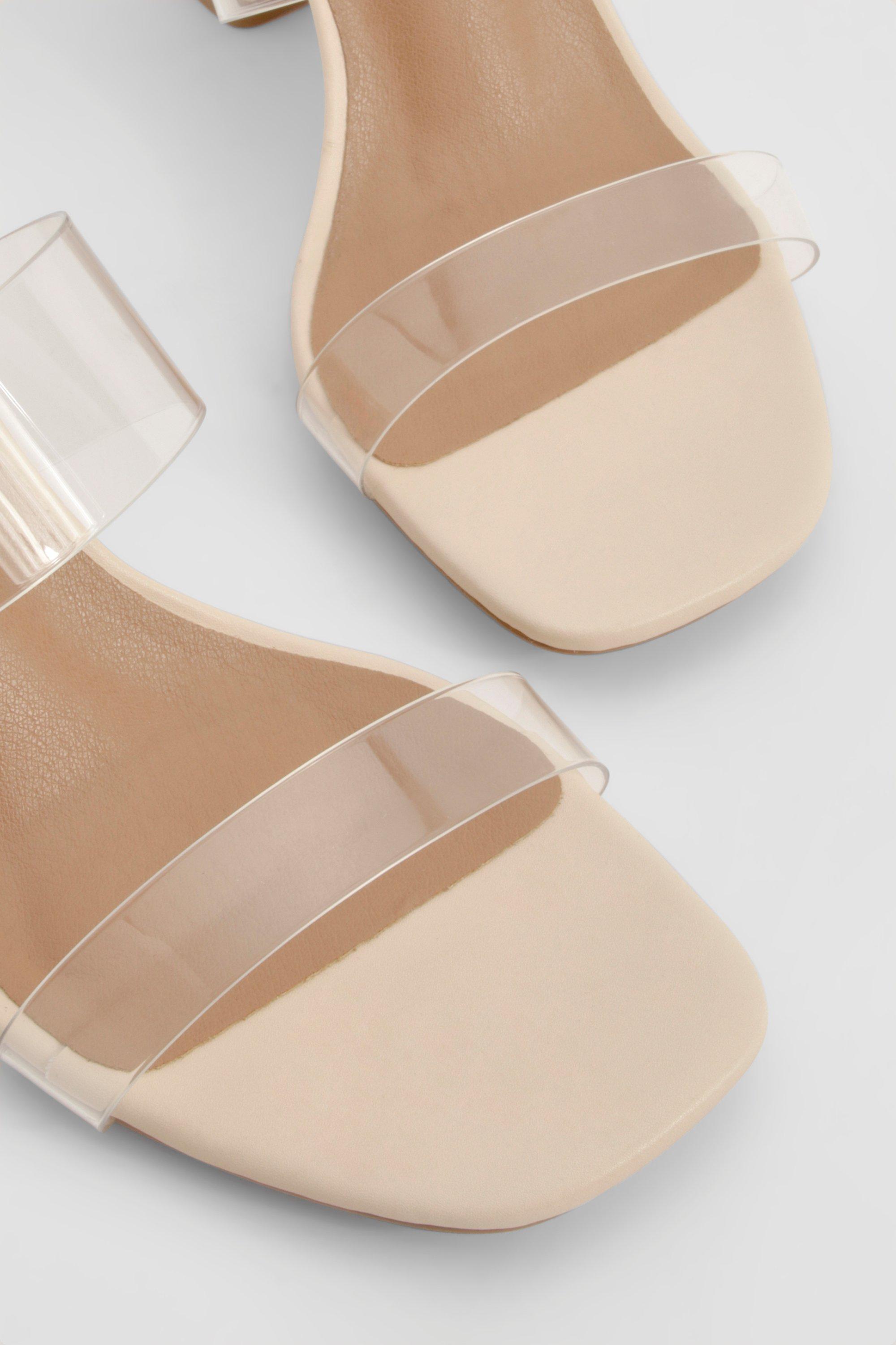 Boohoo Women s Wide Fit Clear Double Strap Block Heel Mules Nude