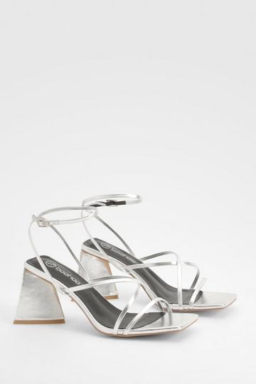 Flared Heel Metallic Cross Strap Heeled Sandals silver