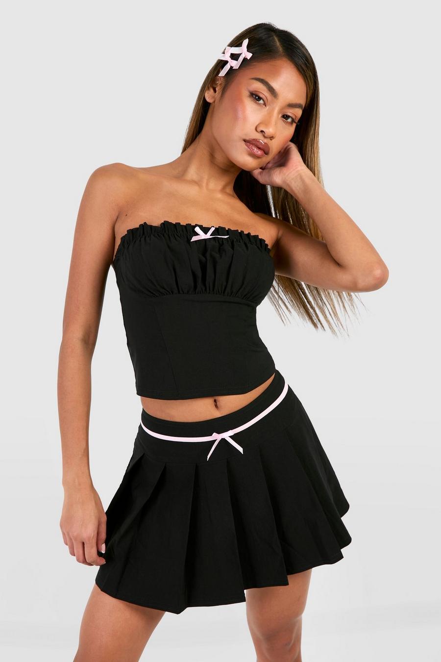 Women's Matching Two Piece Dress Sexy Vacation Spaghetti Strap Ruched Tie  Crop Camisole And Two Tone Tassel Mini Bodycon Skirt Set In BLACK