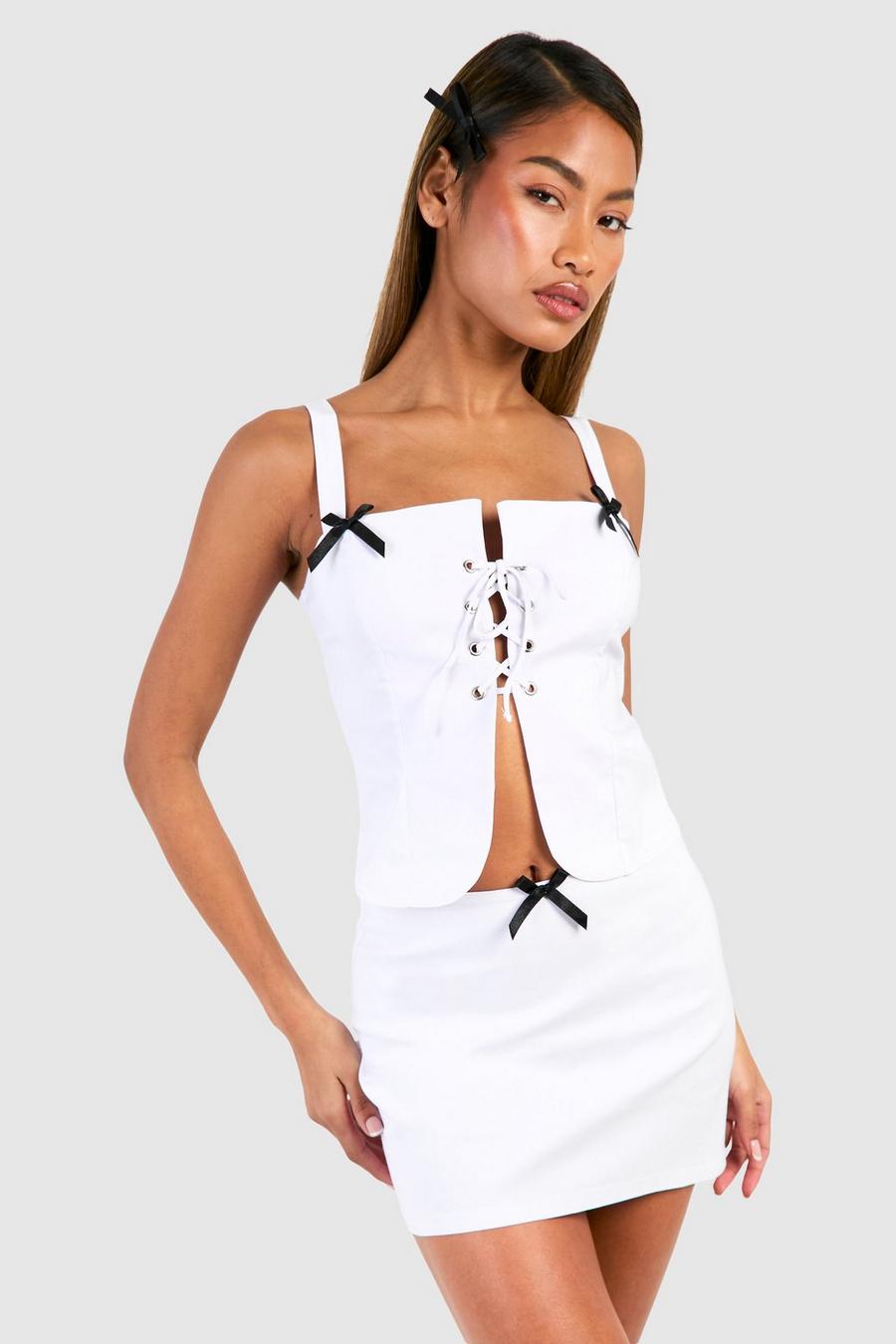 White Lace Up Bow Detail Top