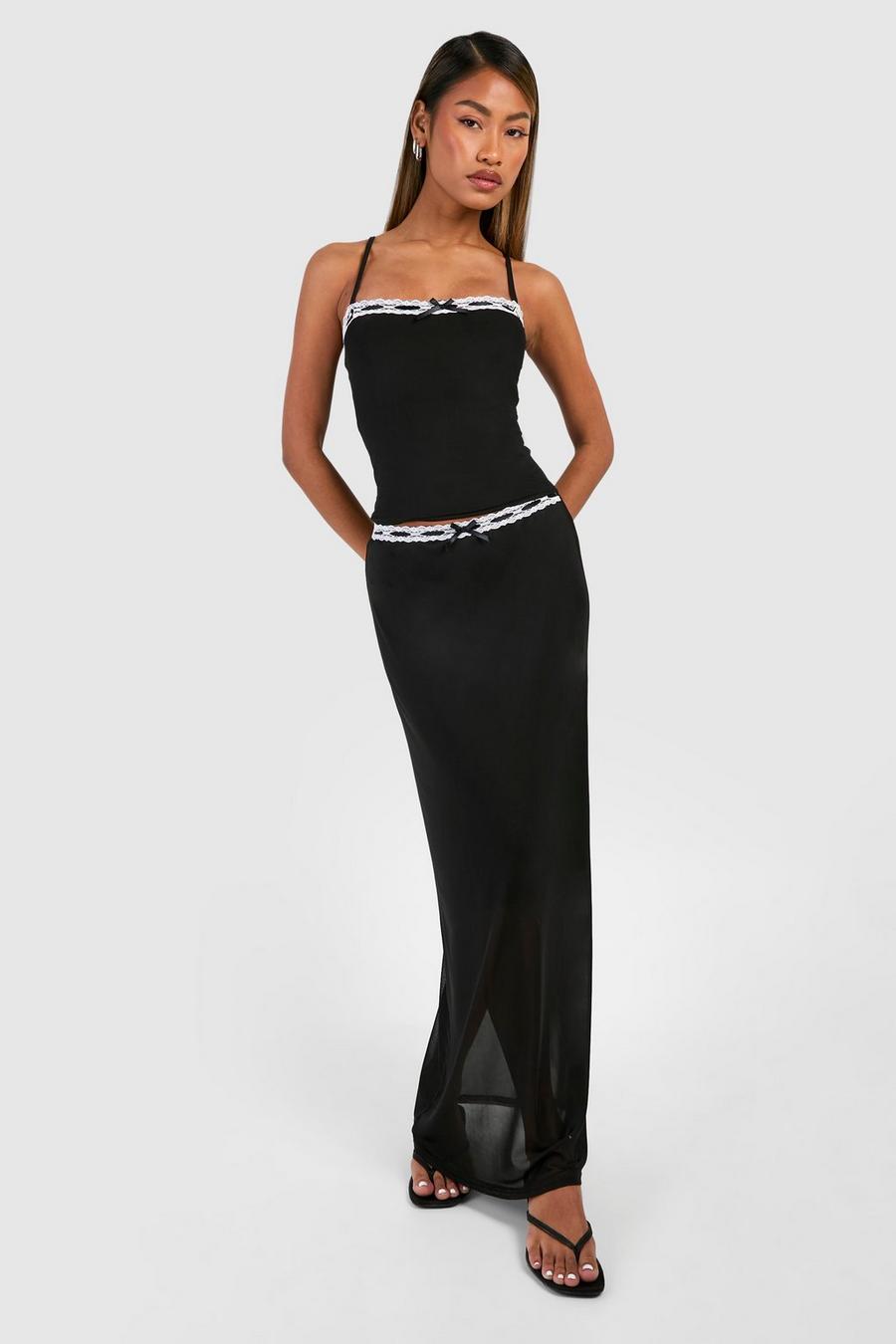 Black Lace Trim Mesh Maxi Skirt image number 1
