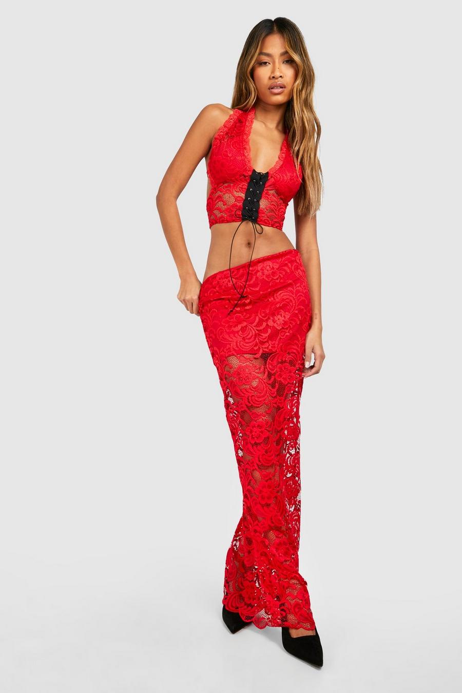 Bralette in pizzo con cut-out &amp; gonna maxi, Cherry image number 1