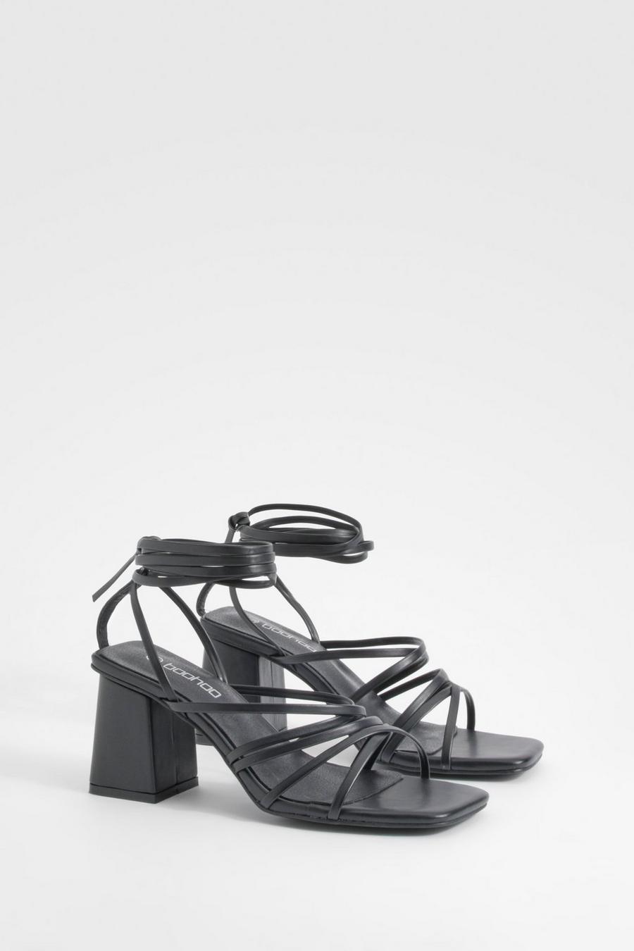 Black Low Block Strappy Tie Up Sandals