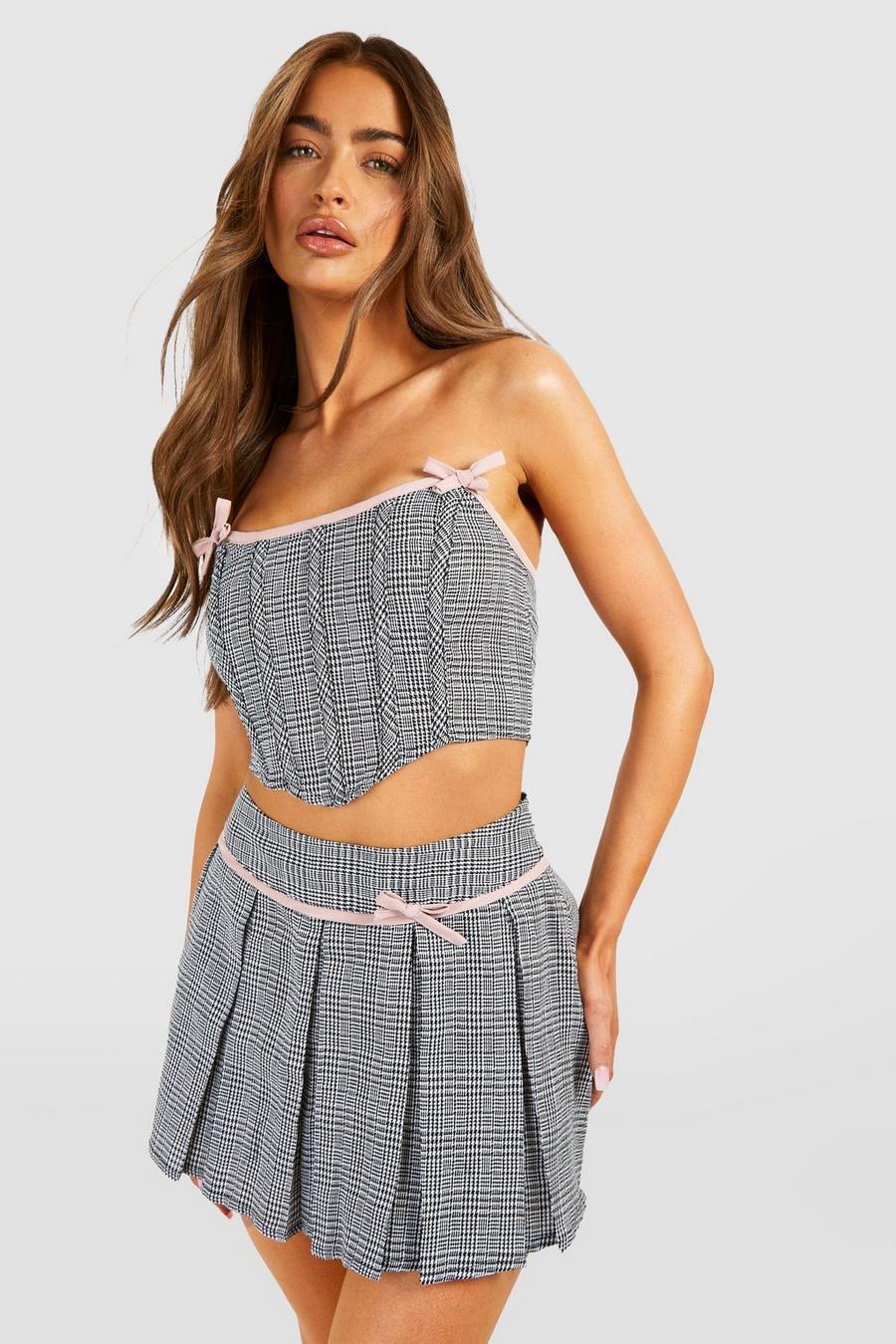 Black Checked Contrast Bow Pleated Mini Skirt