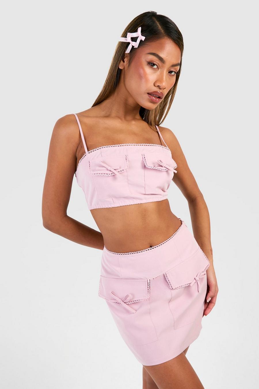 Crop top con tasche e fiocco, Rose pink image number 1
