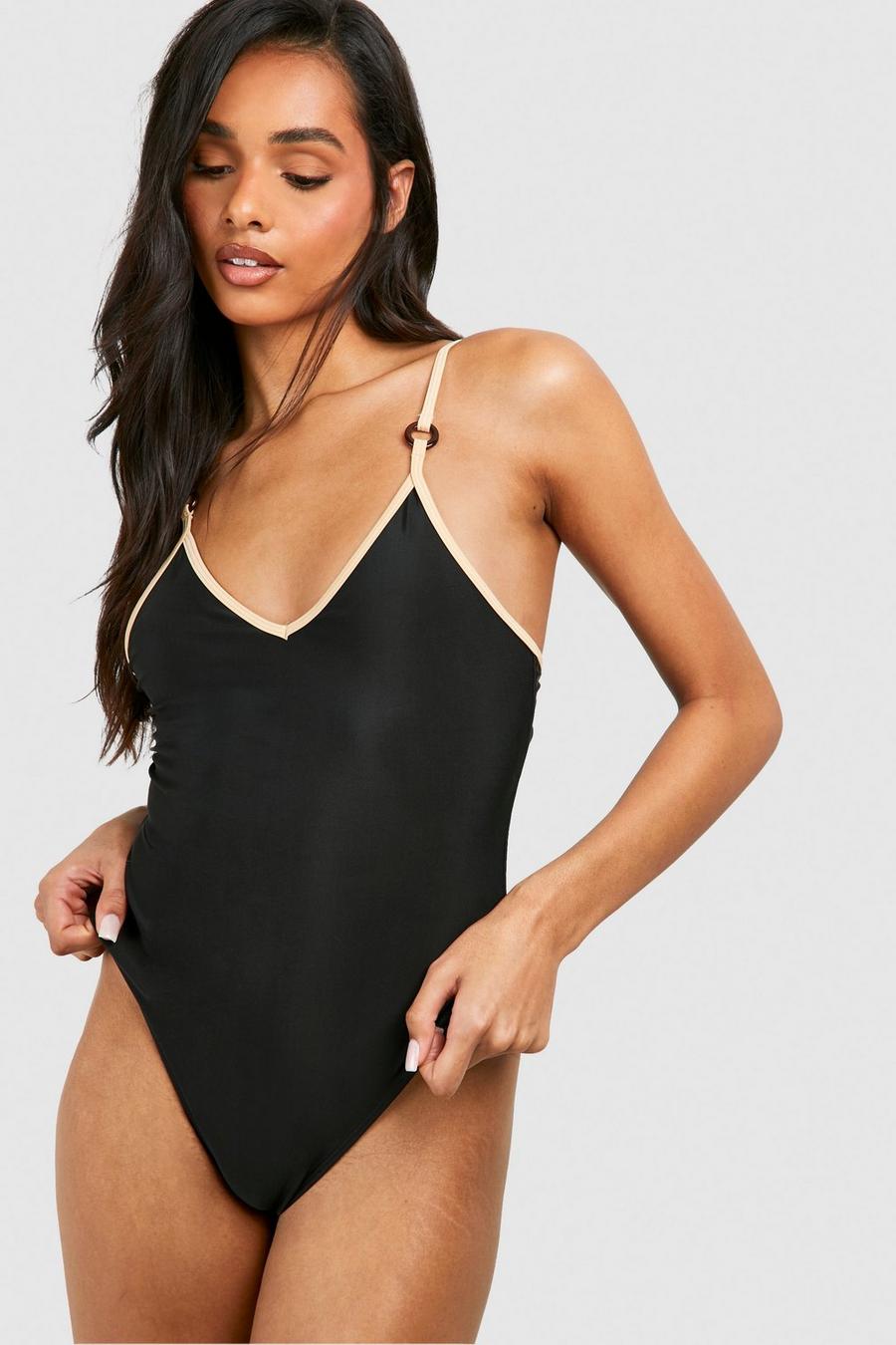 Black Tall Contrast Trim Detail Plunge Swimsuit  image number 1
