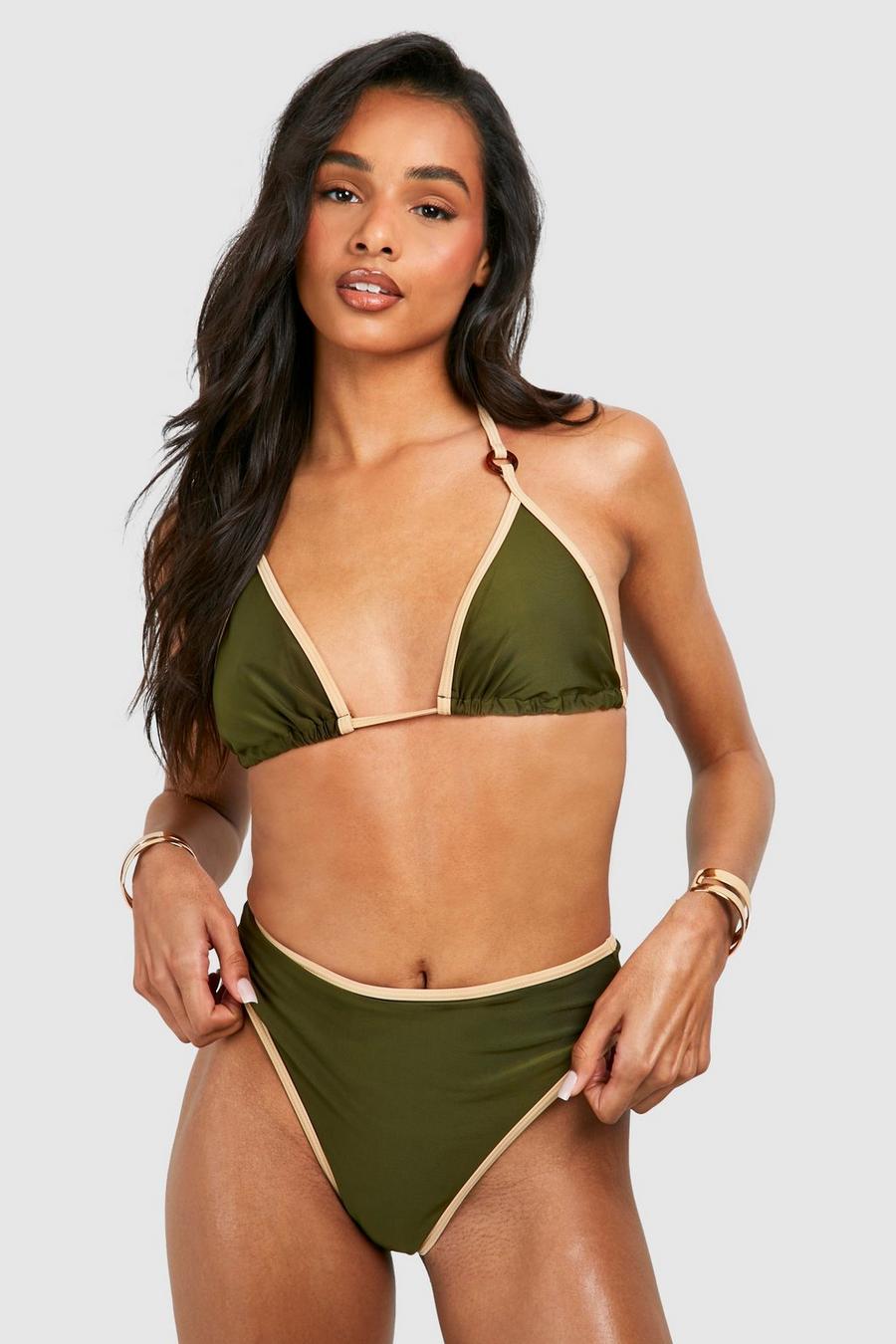Khaki Tall Contrast Trim Detail Bikini Set