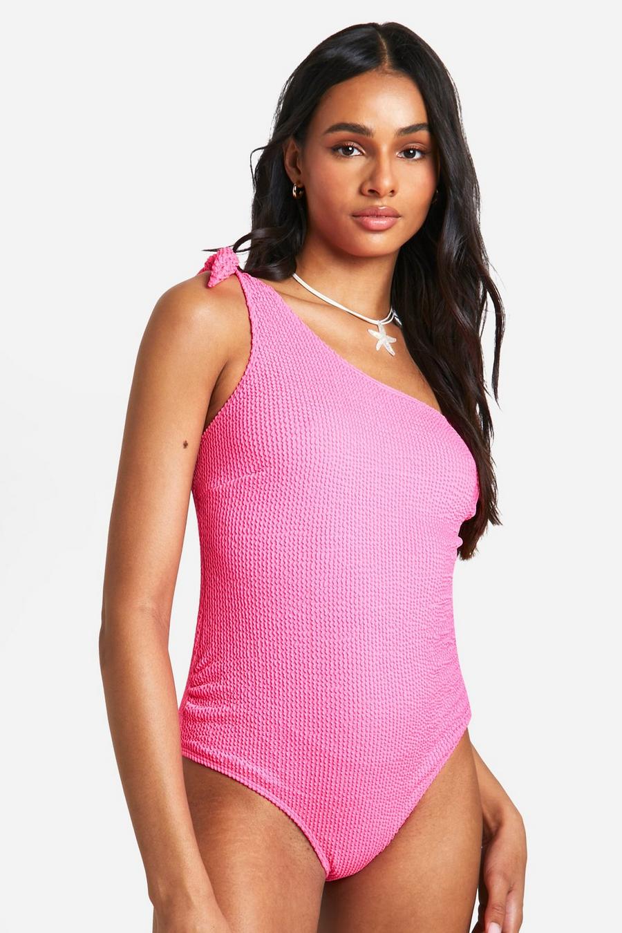 Pink Tall Crinkle One Shoulder Tie Detail Swimsuit  image number 1