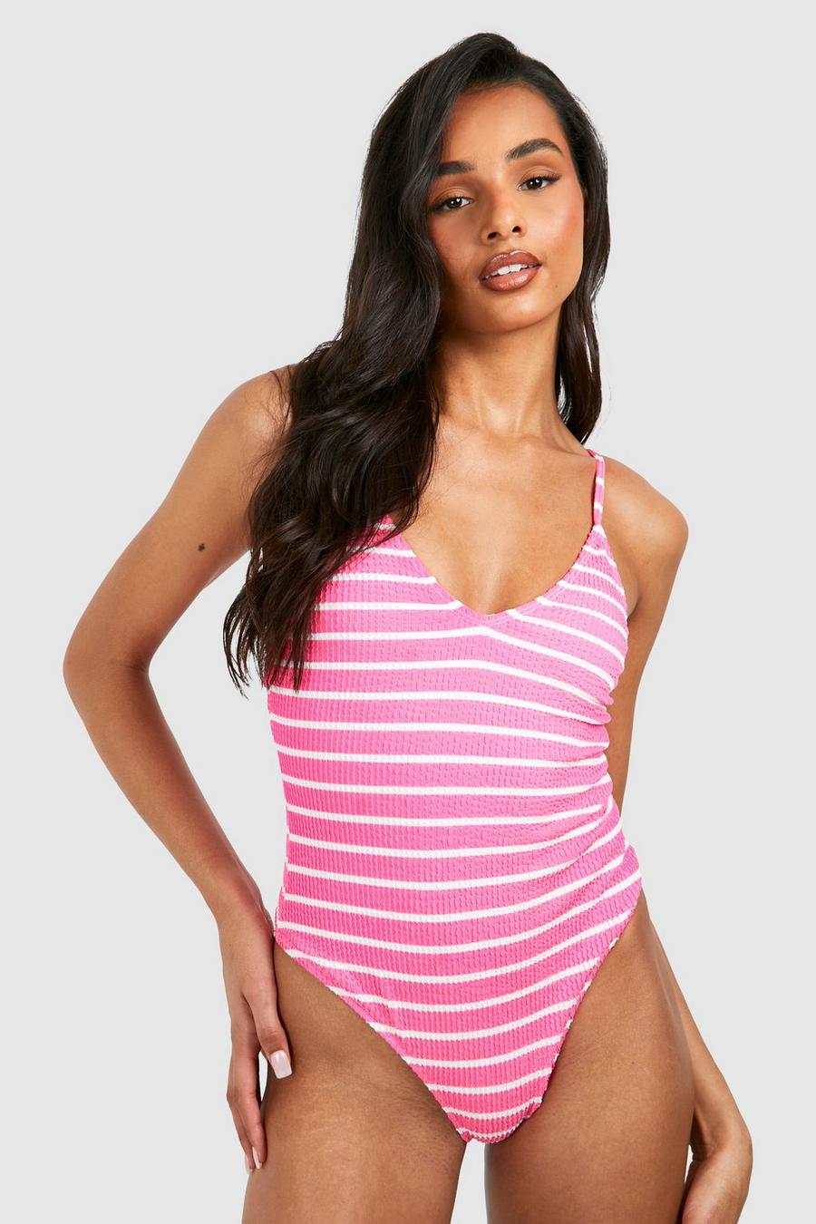 Tall gestreifter Badeanzug in Knitteroptik mit tiefem Ausschnitt, Pink image number 1