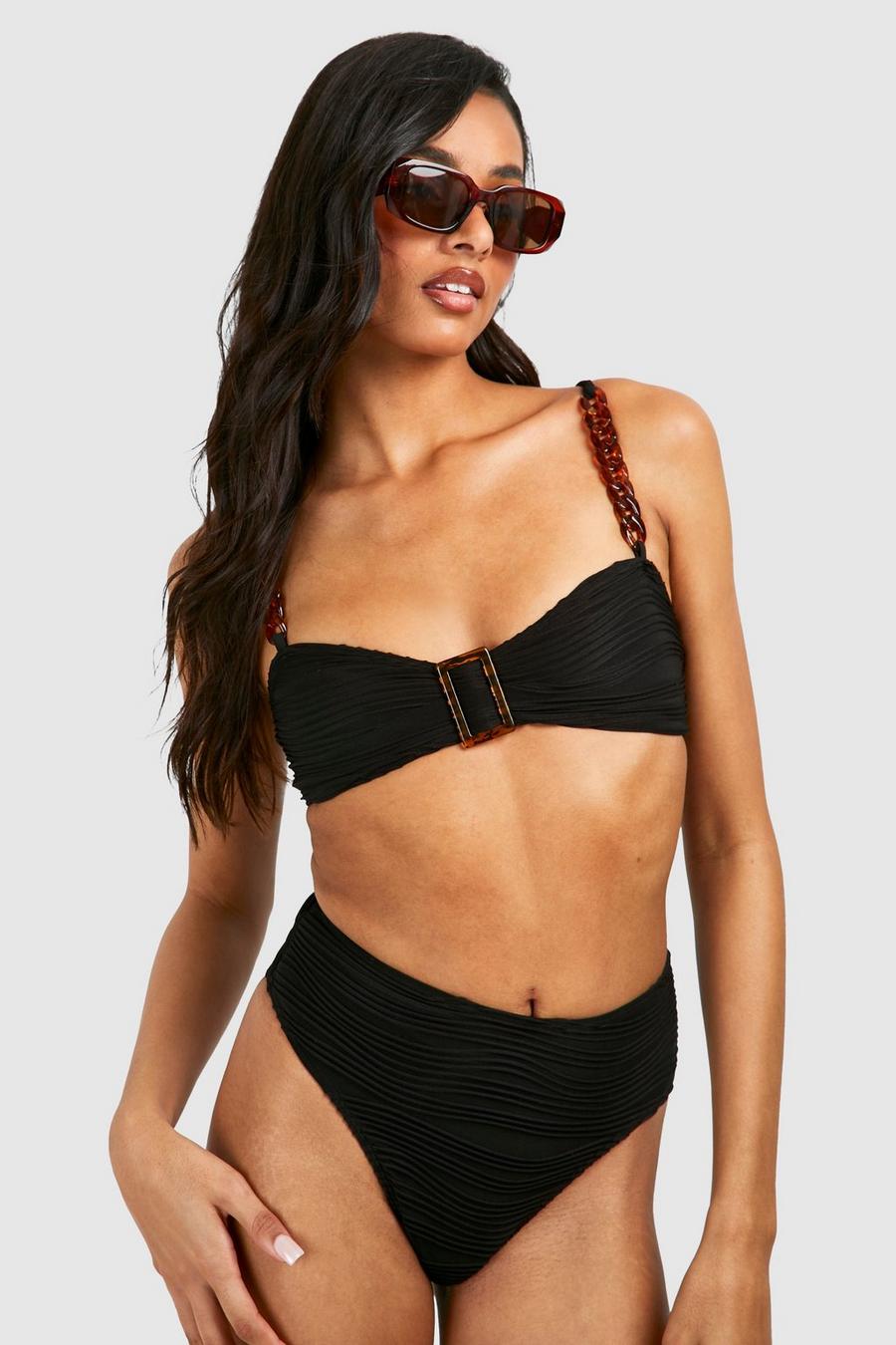 Tall strukturierter Bikini mit Schnallen-Detail, Black
