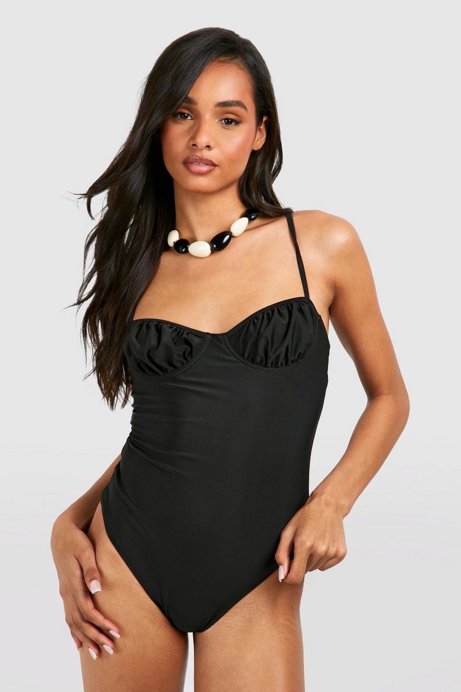Black Tall Ruched Cup Detail Swimsuit  image number 1