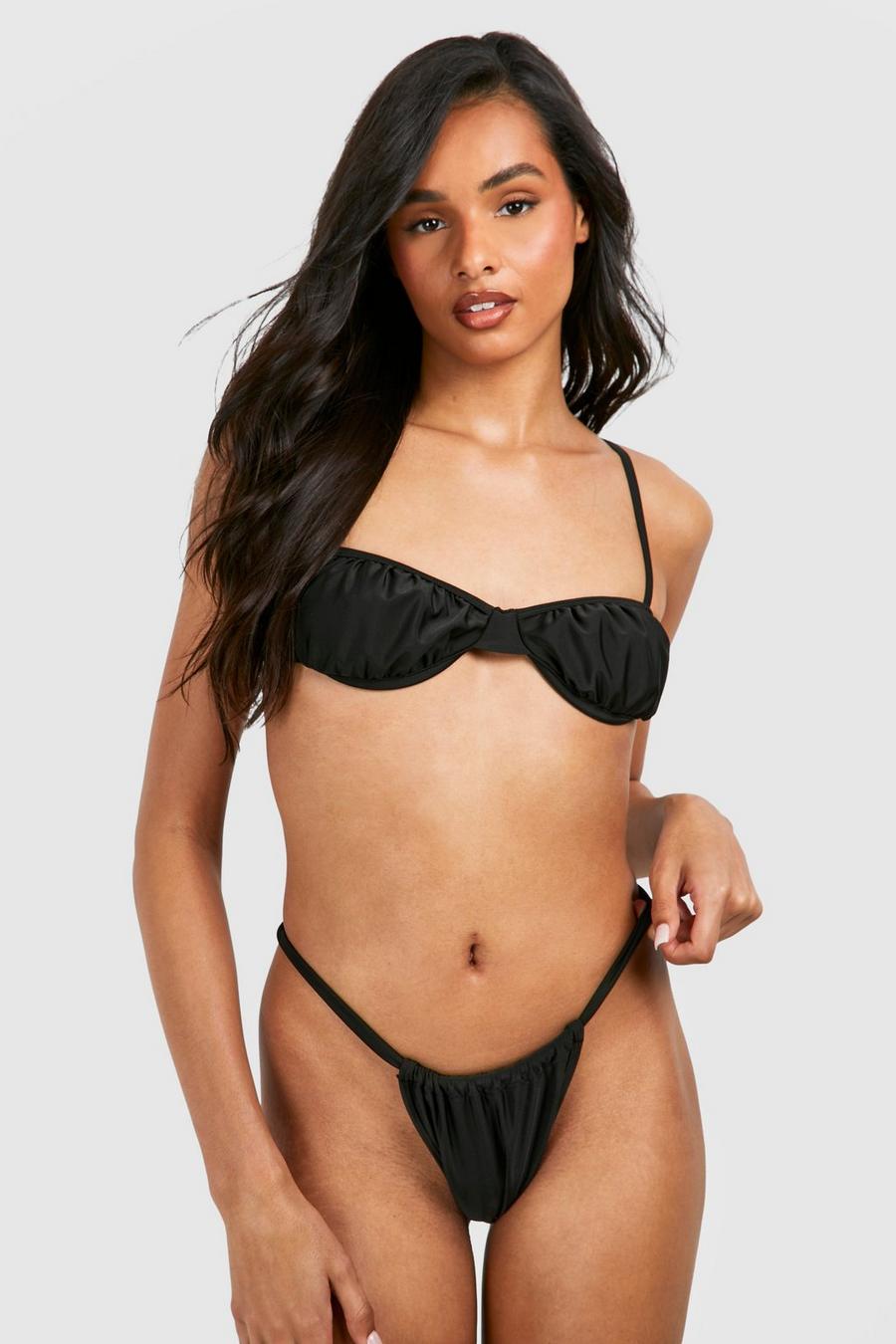 Black Tall Ruched Cup Detail Bikini Set image number 1