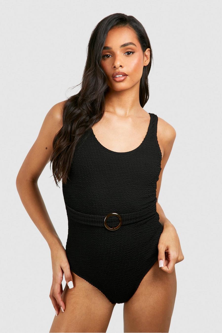 Black Tall Crinkle Scoop Belted Swimsuit 