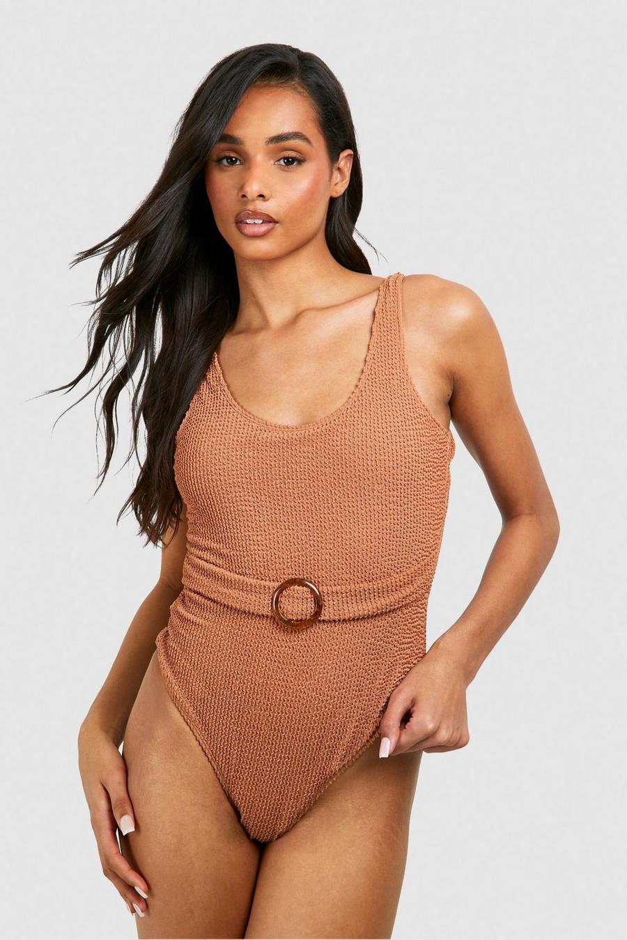 Mocha Tall Crinkle Scoop Belted Swimsuit image number 1