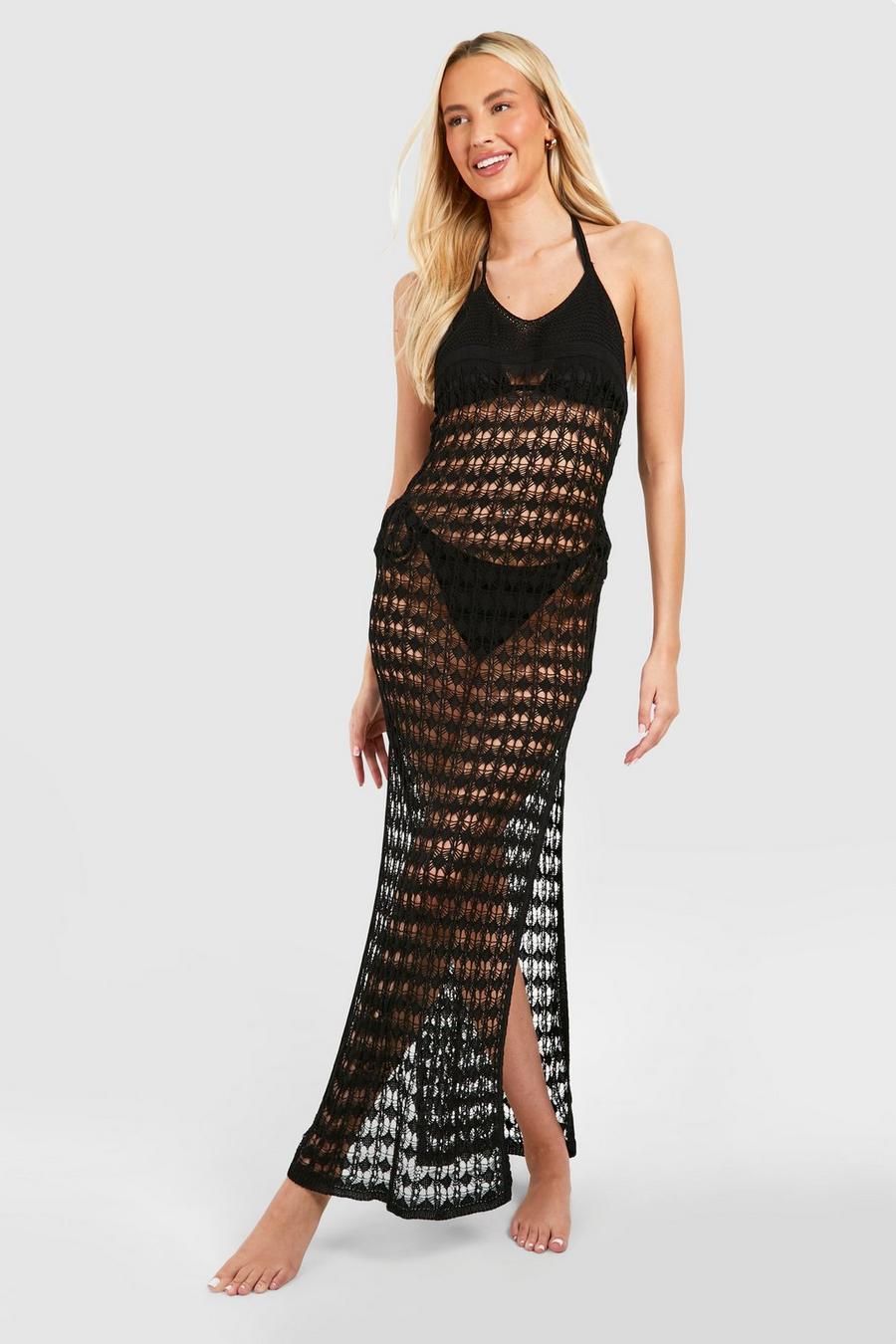 Black Tall Crochet Knitted Halter Beach Midi Dress