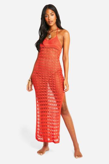 Red Tall Crochet Knitted Halterneck Beach Midaxi Dress