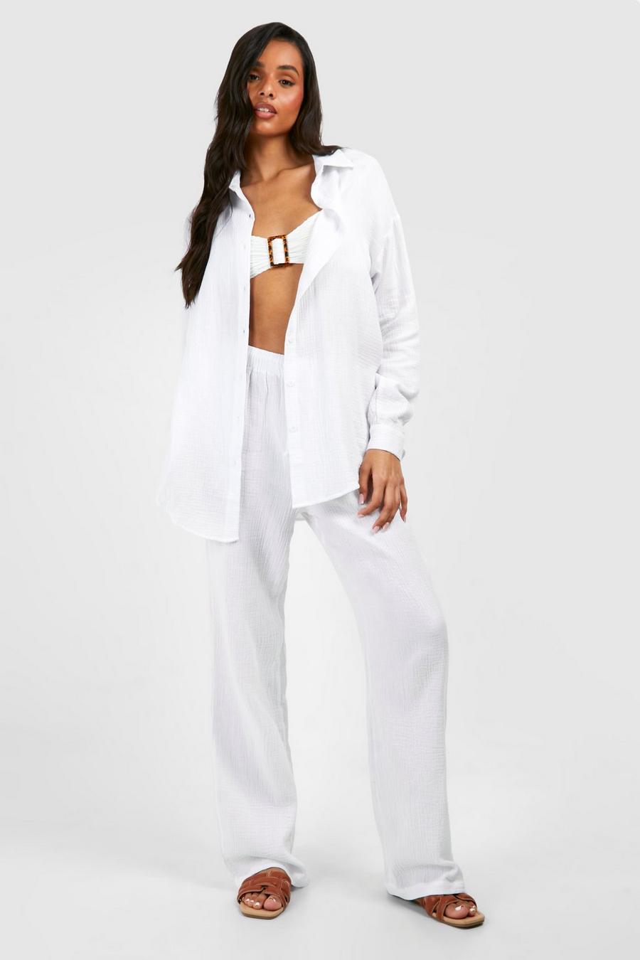 White Tall Crinkle Cotton Wide Leg Beach Pants image number 1