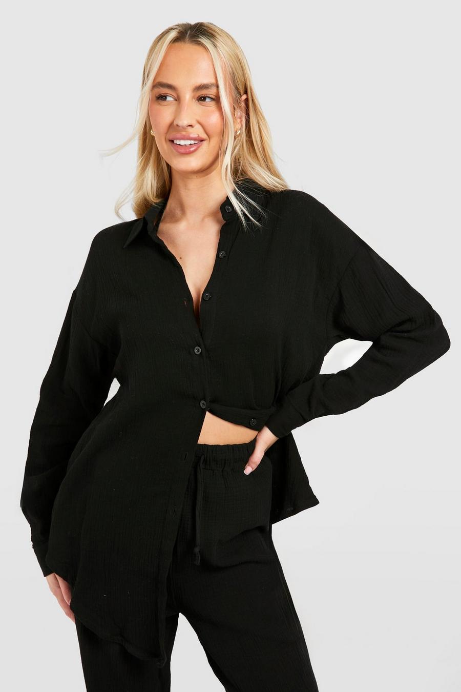 Black Tall Crinkle Cotton Oversized Beach Shirt  image number 1