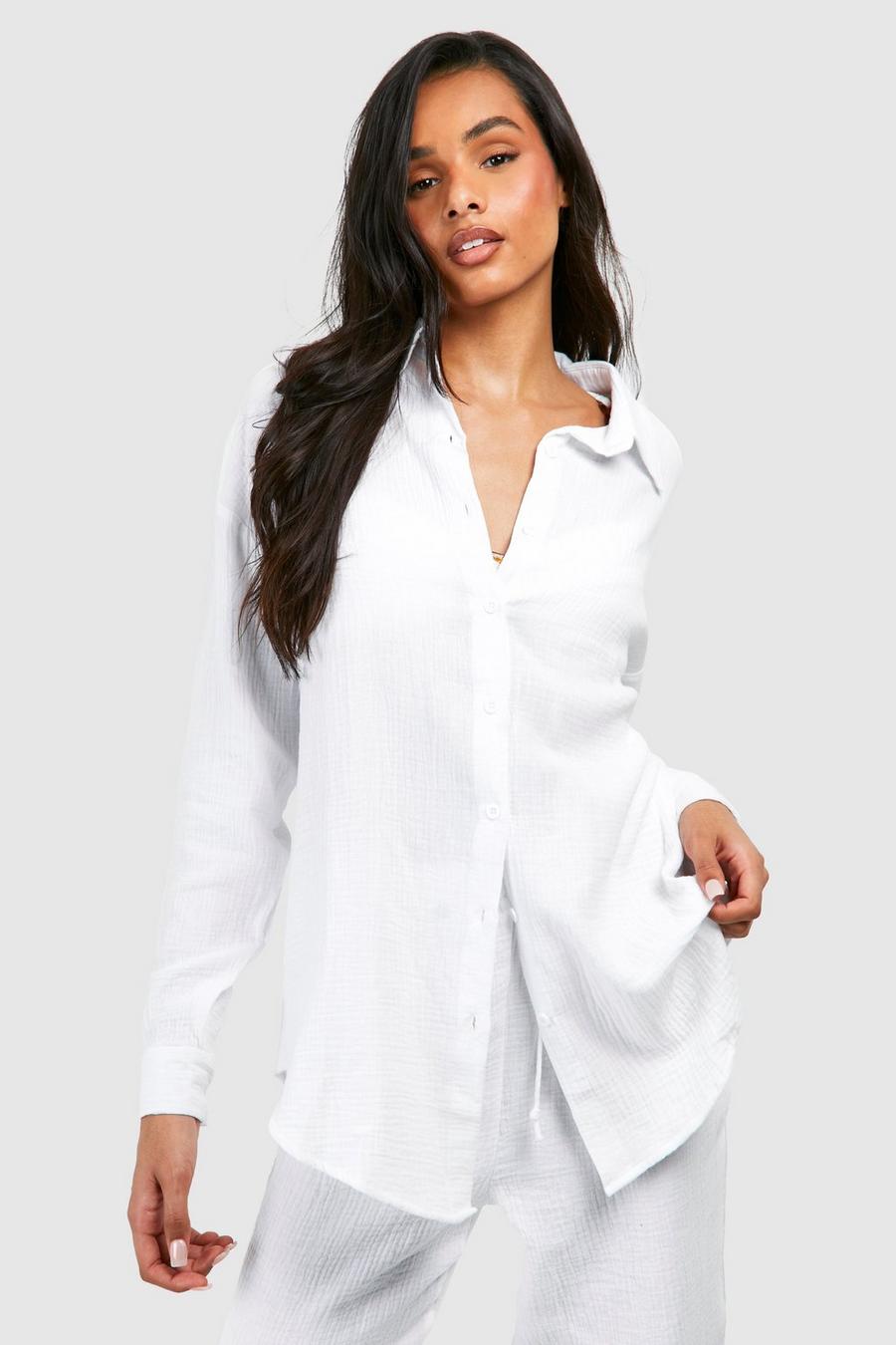 White Tall Crinkle Cotton Oversized Beach Shirt  image number 1