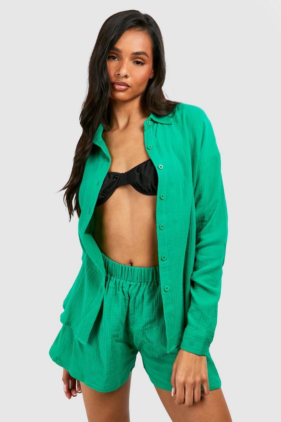 Conjunto coordinado Tall para la playa de pantalón corto y camisa de algodón fruncida, Green