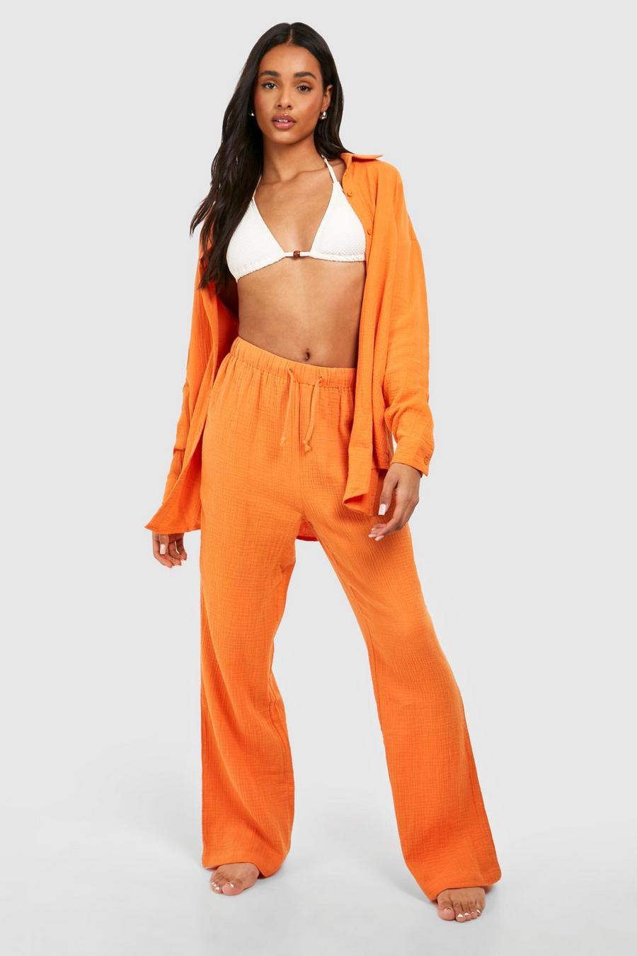 Orange Tall Crinkle Cotton Wide Leg Beach Trousers  image number 1