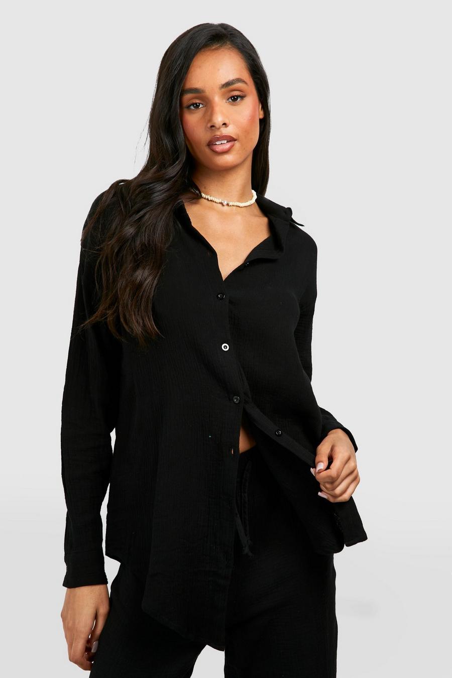 Black Tall Crinkle Cotton Oversized Beach Shirt  image number 1