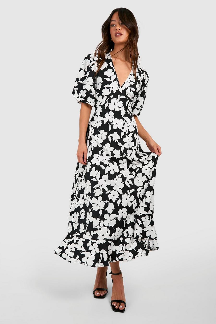 Black Tall Woven Floral Print Midi Dress image number 1