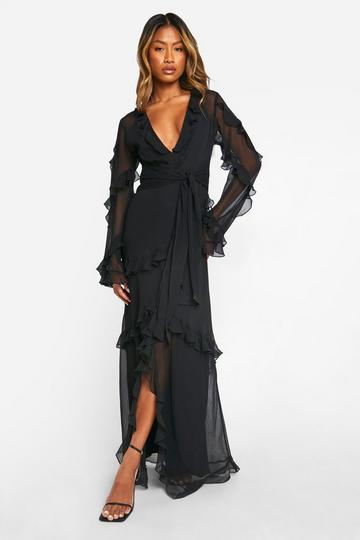 Chiffon Waterfall Sleeve Ruffle Maxi Dress black