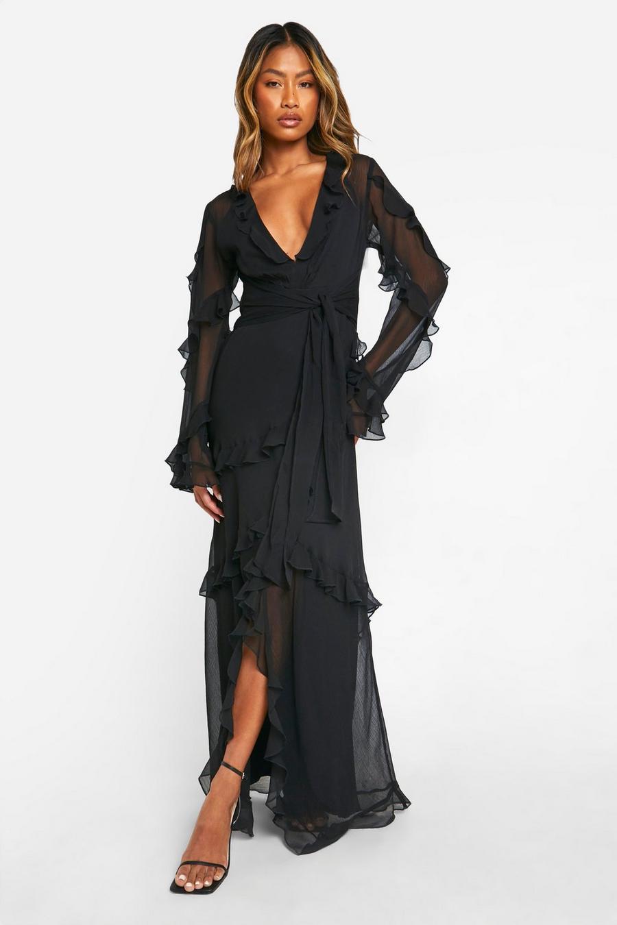 Black Chiffon Waterfall Sleeve Ruffle Maxi Dress