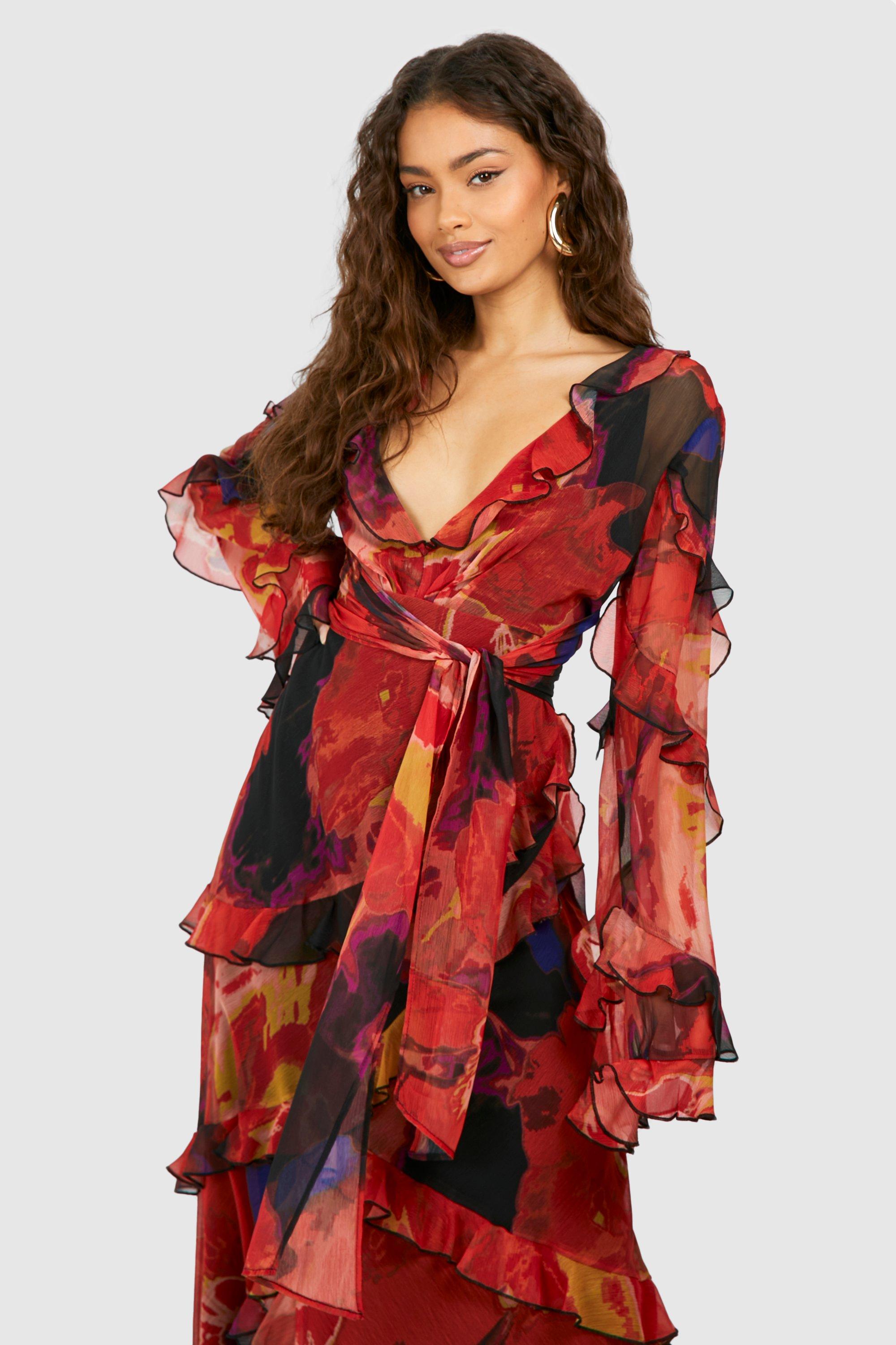Burnt Floral Chiffon Ruffle Maxi Dress