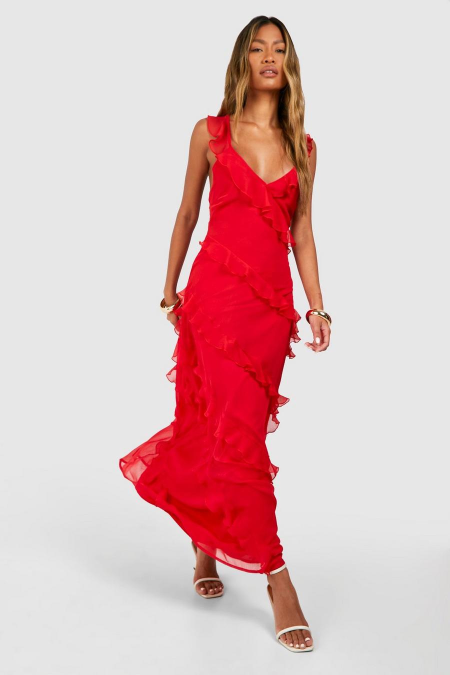 Red Chiffon Ruffle Strappy Maxi Dress