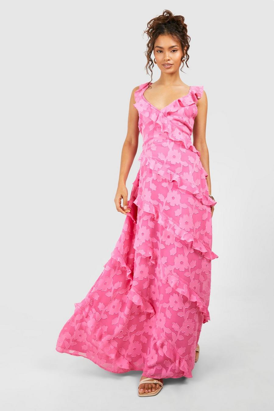 Pink Jacquard Ruffle Strappy Maxi Dress