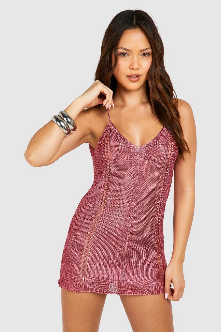 Pink Metallic Knit Mini Dress image number 1